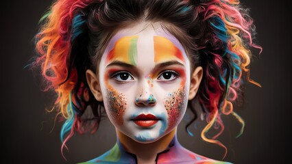 Naklejka premium A vibrant portrait of a beautiful young girl with modern, urban makeup, her entire face painted in vivid, colorful hues.