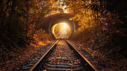 Naklejka premium Railway Tracks through Autumn Tunnel, Generative AI