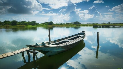 Obraz premium Serene lake landscape with rowboat, wooden bridge, beautiful sky, calm water, ideal for relaxation in a peaceful environment.