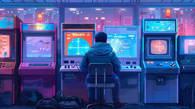 A person playing on a retro arcade machine in a dark room filled with colorful lights and outdated technology screens.