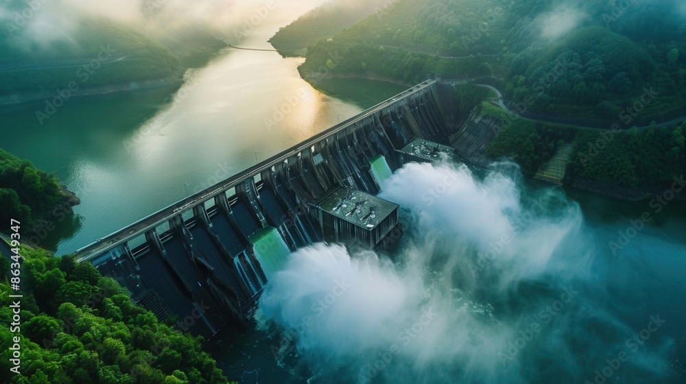 Aufkleber An aerial view of a hydroelectric dam generating power in a serene landscape. The dam is surrounded by lush greenery and a calm body of water. Generative AI
