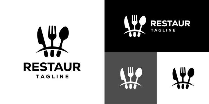 Vector design template of spoon and fork logo with simple model, restaurant, equipment, cutlery, symbol icon EPS 10