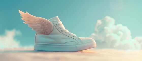 White sneaker with wings on a cloud background.