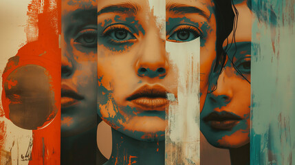 An oil painting of women with different skin tones in the style of abstract and surrealism art