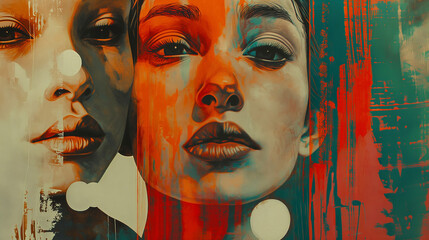 An oil painting of women with different skin tones in the style of abstract and surrealism art