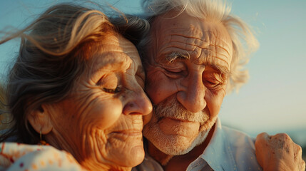 Elderly couple embracing warmly during sunset.