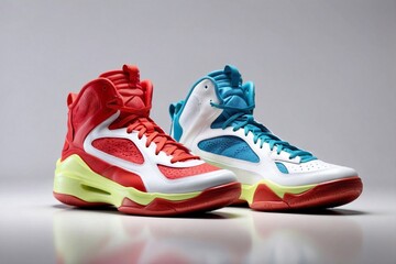 Basketball Shoes: A pair of high-top basketball shoes in bold colors on a clean white background.