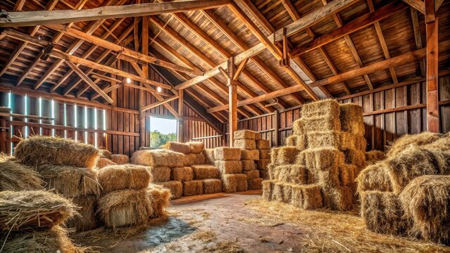 Dry hay stacks in a rustic wooden barn interior on the farm, hay, stacks, rural, wooden, barn, farm, agriculture, rustic