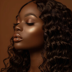 portrait of a melanin woman with glowing brown skin and gold glam makeup