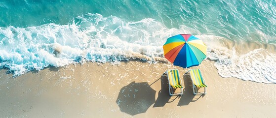 Ocean waves gently lapping the shore with beach chairs under a colorful umbrella, evoking a peaceful summer scene