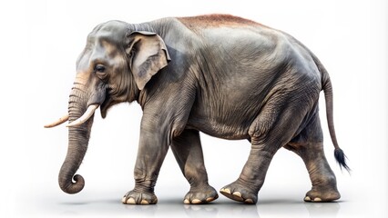 Fototapeta premium Majestic large grey asian elephant in side profile walking slowly on a pure white isolated background with ears flapping and trunk curled downwards.