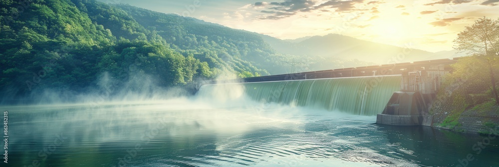 Aufkleber a hydroelectric dam generates power in a serene landscape. the water flows over the dam, creating a 