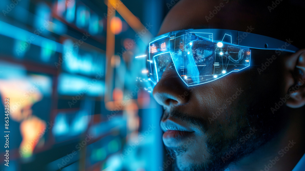 Poster data analyst using augmented reality technology for data monitoring, digital business data virtual d
