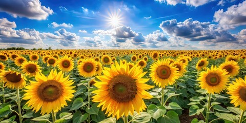 Obraz premium Vibrant sunflowers in a vast field under a sunny sky, nature, sunflower, yellow, bloom, petals, field, farm, agriculture