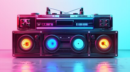 Fototapeta premium Neon colors with iconic 80s symbols like cassette tapes and boomboxes., isolated white background, Retro 80s synthwave, Photo stock style, clean background, no copyrighted logo, no letters