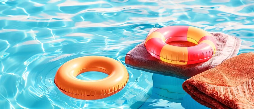 Poolside setup with float rings and beach towels, ready for a perfect summer day