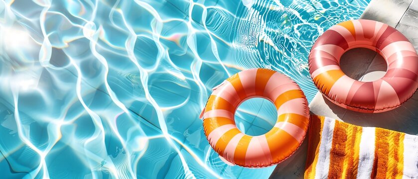 Poolside setup with float rings and beach towels, ready for a perfect summer day