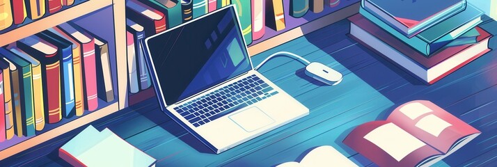 A desk with a laptop, textbooks, and a mouse, showcasing modern learning. Generative AI