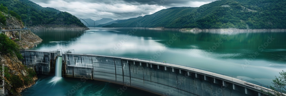 Aufkleber a scenic hydroelectric dam in a peaceful mountain setting generates power. water cascades tranquilly