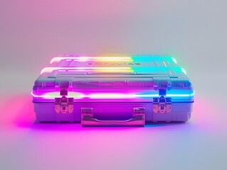 A Trapper Keeper decorated with a vibrant LED light sign, filled with 80s memories., isolated white background, Retro 80s synthwave, Photo stock style, clean background, no copyrighted logo, no