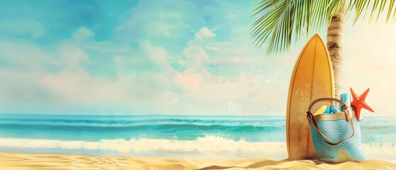 Surfboard leaning against a palm tree with a beach bag filled with summer essentials on the golden sand