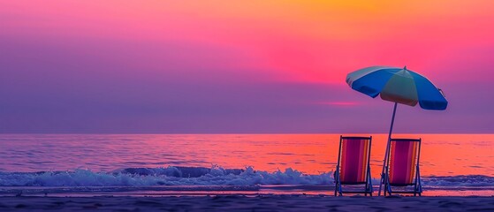 Romantic sunset view from beach chairs under a vibrant umbrella, capturing the beauty of a summer evening