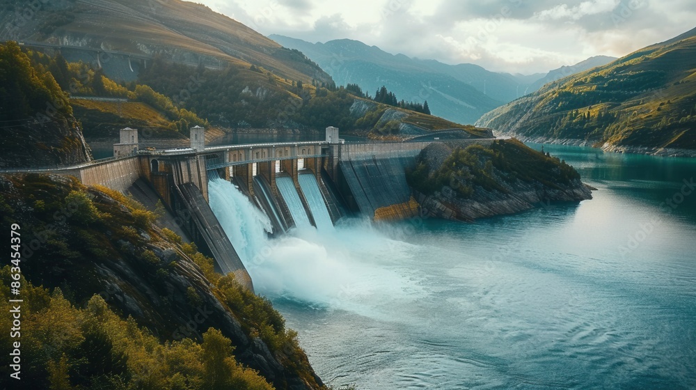 Aufkleber a hydroelectric dam in a mountainous region generates power as water flows through its gates, creati