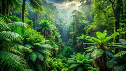 Dense, vibrant, and majestic lush green rainforest with an abundance of tall trees, ferns, and tropical foliage in high-resolution 8k nature wallpaper background.