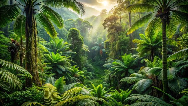 Dense, vibrant, and majestic lush green rainforest with an abundance of tall trees, ferns, and tropical foliage in high-resolution 8k nature wallpaper background.