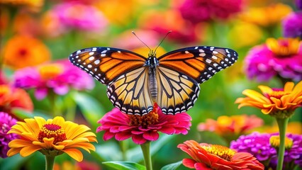 Vibrant butterfly resting on a colorful flower in a lush garden , Nature, wildlife, beauty, pollination, vibrant, colors, insect