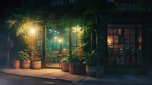 Aesthetic Japanese-style bookstore with warm review and resolution, in a smooth looping background with 4K video animation 