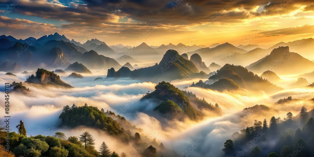 Canvas Prints Mystical landscape of mountains enveloped in swirling mist and soft light, mountain, mist, fog, mystical, landscape