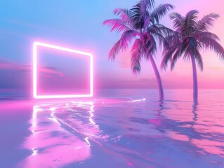 Synthwave beach scene with neon lights and an LED light sign., isolated white background, Retro 80s synthwave, Photo stock style, clean background, no copyrighted logo, no letters