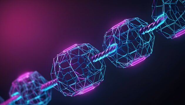 Futuristic blockchain technology with neon light effects. Abstract digital chain links. Modern blockchain structure