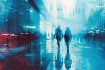 abstract motion blur of business people walking in corporate office downtown blurred background blue color tone business center concept digital art