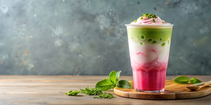 Pink matcha ice latte with milk , matcha, pink, latte, ice, drink, beverage, refreshment, coffee, tea, milk, glass, straw, frozen
