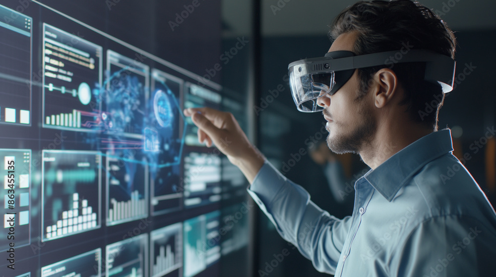 Poster data analyst using augmented reality technology for data monitoring, digital business data virtual d