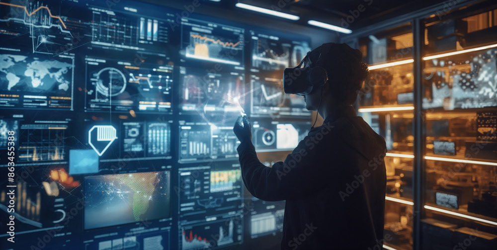 Poster data analyst using augmented reality technology for data monitoring, digital business data virtual d