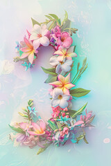 Botanical number 1, lush greenery and flowers, soft pastel gradient, front-facing.