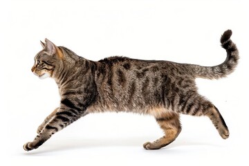 Obraz premium agile tabby cat running and walking side view on isolated white background animal photography
