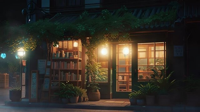 Aesthetic Japanese-style bookstore with warm review and resolution, in a smooth looping background with 4K video animation 