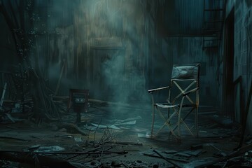 abandoned film set with vintage directors chair gloomy cinematic atmosphere digital painting