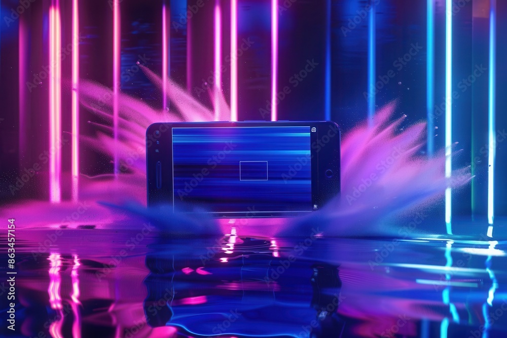 Aufkleber A tablet displaying a video stream is submerged in water, surrounded by vibrant neon lights reflecting on the surface. Generative AI