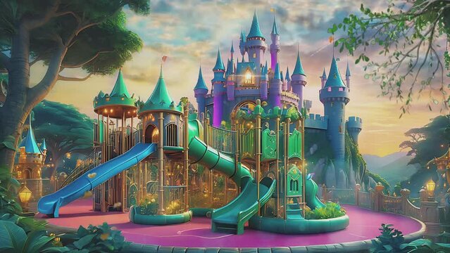 Fantasy Children's Park with a Magical Castle. Seamless looping 4k time-lapse virtual video animation background
