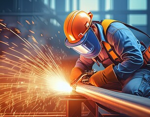 An engineer is performing gas cutting of steel using acetylene and oxygen, as part of industrial welding in the oil and gas sector