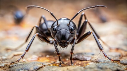 Fototapeta premium Closeup of a black ant with a shiny exoskeleton facing the viewer with raised antennae, ant, black, shiny, exoskeleton, closeup