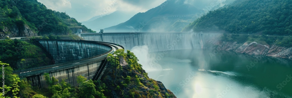 Aufkleber A scenic view of a hydroelectric dam generating power in a mountainous region. The water flows over the dam, creating a misty spray and a tranquil atmosphere. Generative AI