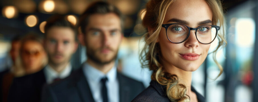 A woman wearing glasses stands in front of a group of men. Concept of professionalism and formality, as the woman is dressed in a suit and tie, and the men are also wearing suits