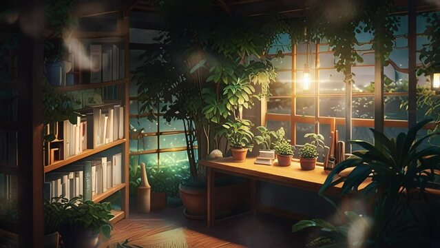 Aesthetic Japanese-style bookstore with warm review and resolution, in a smooth looping background with 4K video animation 