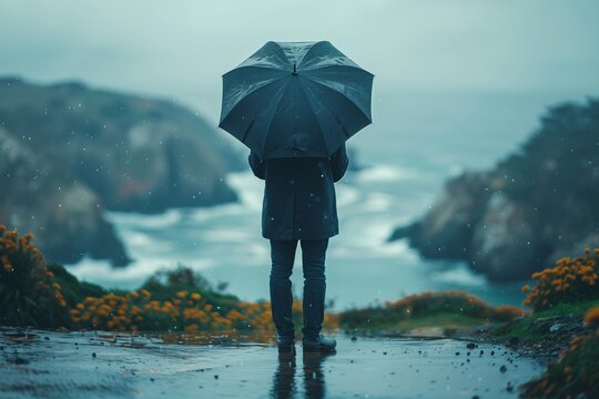 Person Holding Umbrella While Standing on a Cliff in the Rain